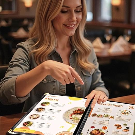 Goodsmart Restaurant Menu Covers – 25 Pack Black 6-View Booklet 5.5" x 8.5", Side-Loading Vinyl & Plastic Menu Holders, Clear Menu Sleeves, Leather-Style Café Covers with Gold Corners