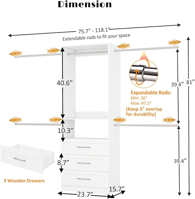 Closet System with Drawers, Closet Organizer System,5 Rods 4FT-9FT | 3 Wooden Drawers Storage, 5 Expandable Hanging Rods, Wall Mount, Freestanding White, Modular with Other Units