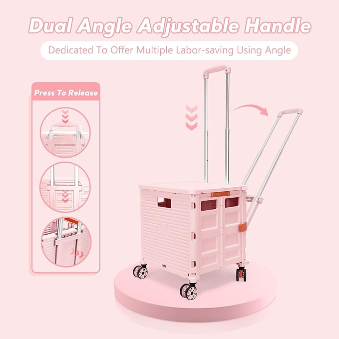 FELICON SELORSS Folding Utility Cart Rolling Crate Tote Basket Box Storage Handcart on 4 Swivel Wheels with Adjustable Handle Extended Magnetic Lid for Teacher Move Shop Travel Grocery Office(Pink)