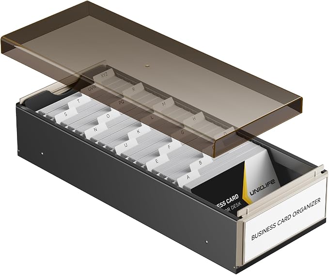 Uniclife Business Card Holder for Desk, Large Business Card Organizer | 800 Card Capacity Metal Business Card Box with Lid & A-Z Index Tabs, Desktop Credit Card Holder, Name Card Storage Box