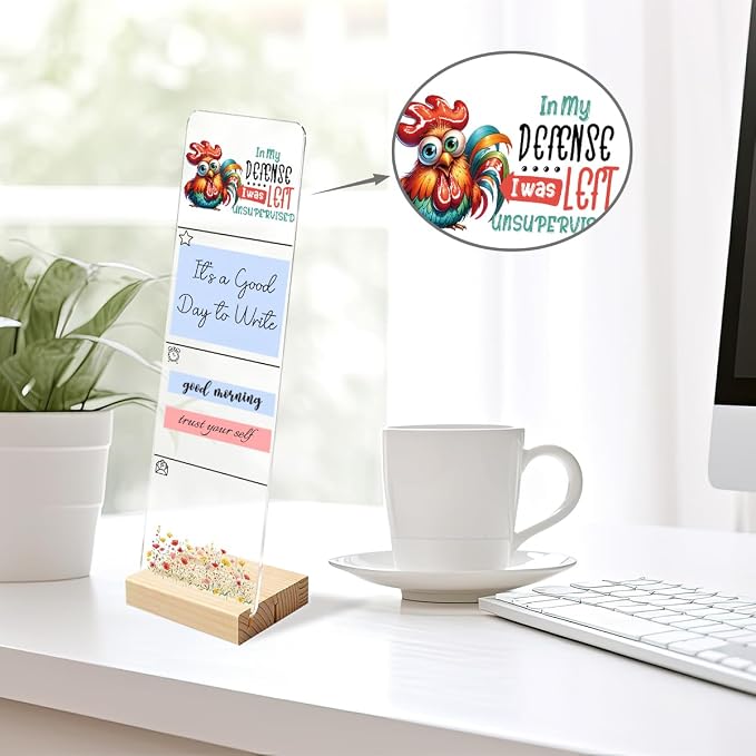 Sticky Note Holder, Monitor Memo Board, Acrylic Post It Note Holder with Wooden Base, Includes 200 Notes, Desk Organizer, Funny Rooster Quote “in My Defense I was Left Unsupervised”