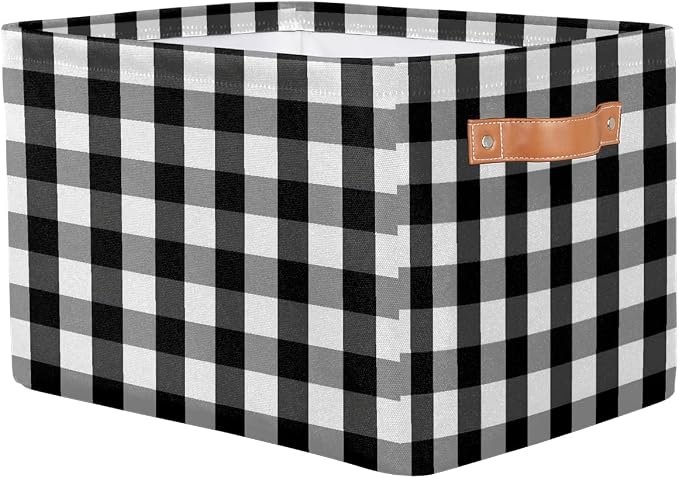 Rectangular Storage Bins Black White Gray Check Plaid Collapsible Fabric Storage Basket Organizer with Handles for Nursery Bedroom Bathroom