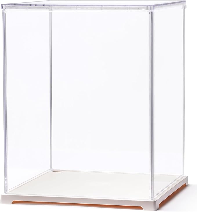 Rolife Acrylic Display Case Dust Cover for Collectibles, Dustproof Protection Showcase with White Base with Door for Plush Toy, Book Nook & Daily Goods (12.2''x9.8''x9.8'')