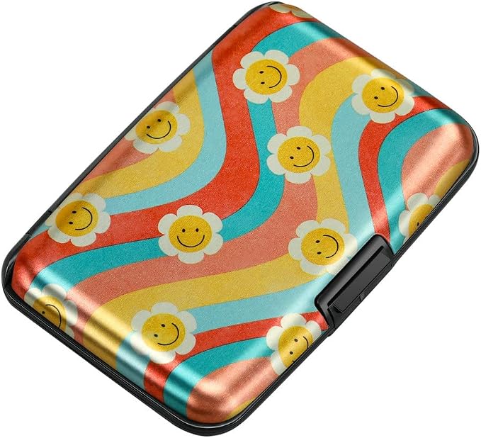 ELFISH Mini RFID Aluminum Wallet Credit Cards Holder Business Card Case Metal ID Case for Men Women（Smile Flower