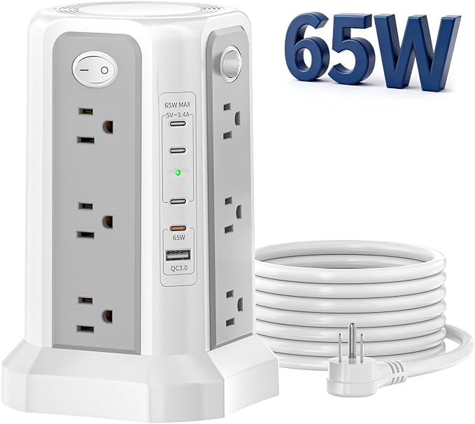 PASSUS PD 65W USB C Fast Desktop Charging Station Tower Power Strip | Surge Protector, 12 Widely Spaced AC Outlets, 4 USB C, 1 USB A, 10FT Extension Cord Overload Protection