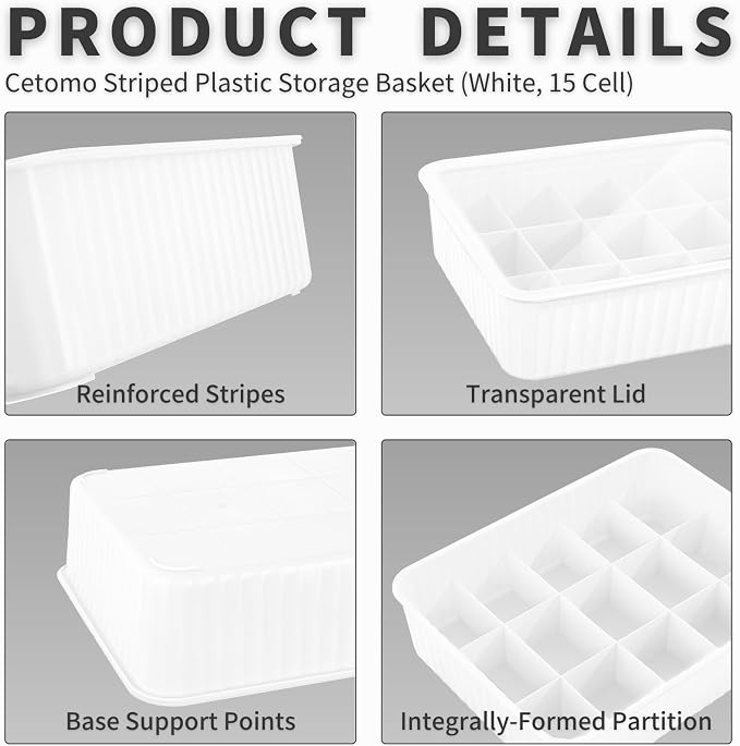 Cetomo 15 Cells Plastic Underwear Sock Drawer Organizer with Lid, Lidded Storage Box with Dividers for Bras and Socks, Basket for Closet, Stackable, White, 15 Compartments (31 x 24 x 8 cm)