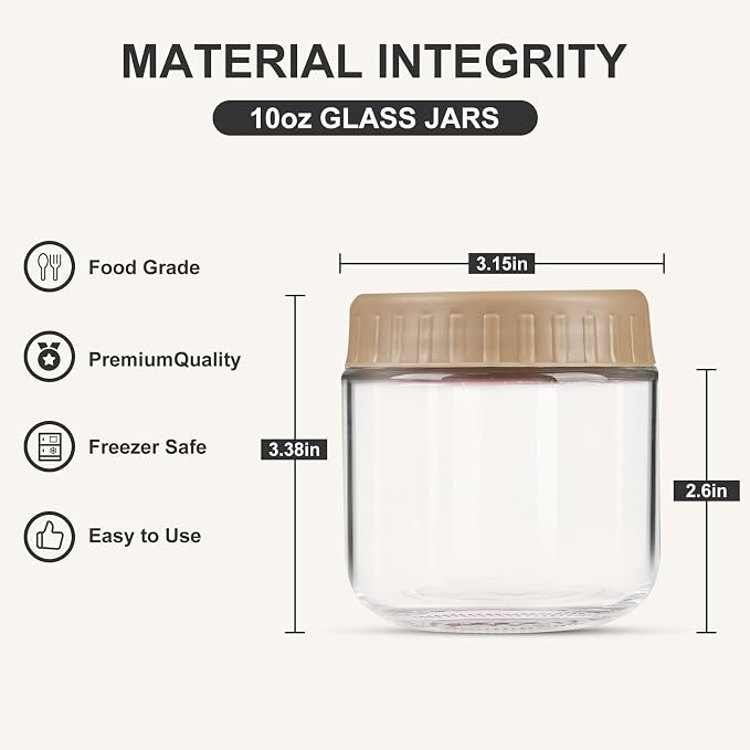 SHOWIN Overnight Oats Containers with Lids, 10oz Glass Jars with Lids 4 pcs, Taffy, Wide Mouth Mason jars for Salad, Yogurt, Snacks, Meal Prep
