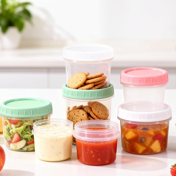 DEMORA 5 oz Small Plastic Containers with Twist on Lids [20 Sets], Stackable Little Food Storage Containers for Snack Lunch Meal Prep Salad Dressings, Freezer/Microwave/Dishwasher Safe, BPA Free