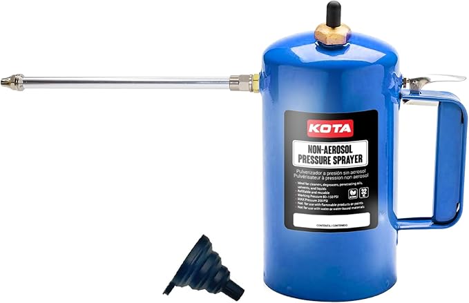 LAUCO Non Aerosol Pressure Sprayer - Refillable Pressurized Sprayer Bottle for Oil, Solvent, Degreasers, Lubricants - Rechargeable Steel Canister with Brass Nozzles, 32oz. (1, Blue) 69533