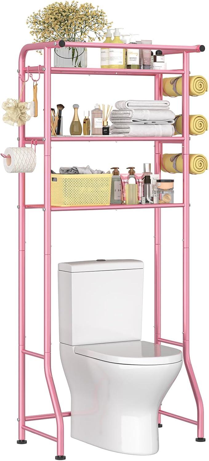 Simple Trending 3 Tier Over The Toilet Rack, Shelf Bathroom, Bathroom Stand Organizer Space Saver, Pink