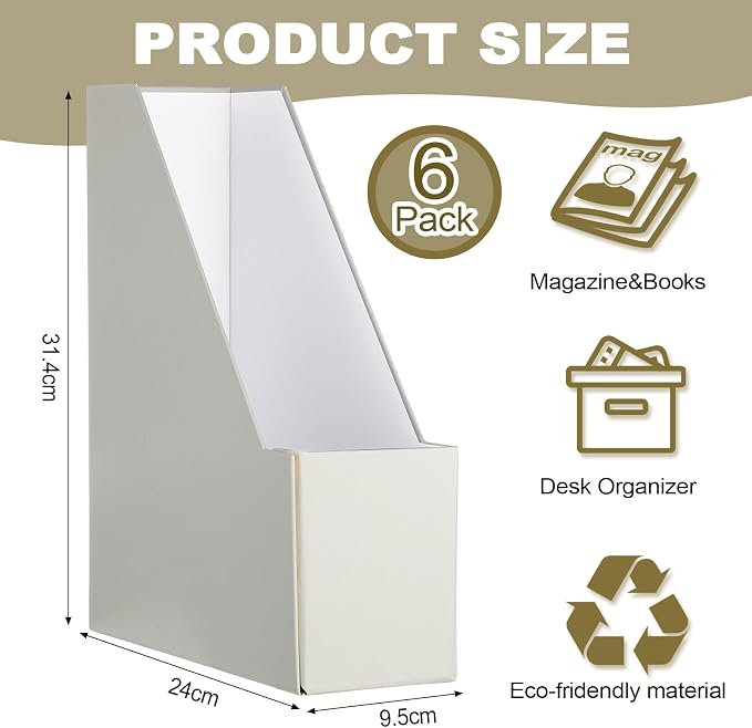 Gueevin Set of 6 Magazine File Holders, Sturdy Cardboard Desk Magazine Organizer with Gold Label Slots, Foldable File Folder Rack for Home Office Classroom Library(Beige)