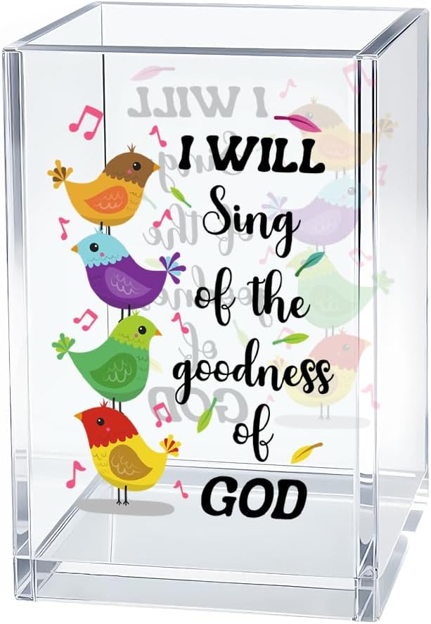 I Will Sing Of The Goodness Of God Pen Holder Makeup Organizer, Funny Bird Christian Pencil Pen Holder for Desk, Musical Notes Desk Accessories Bible Verse Pencil Cup, Religious Gifts Organizer