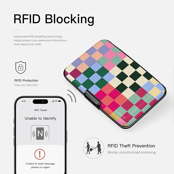 Credit Card Holder Multicolor Checker Mini Aluminum Wallet | Women Men, Slim Design, RFID Blocking, Metal Business ID Case