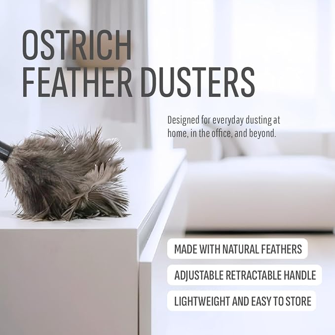 Retractable Feather Duster 8-14 in Adjustable - Natural Feather Dusters for Cleaning Ceiling Fans, Blinds, Plantation Shutters, Walls & Furniture - Quality Checked in USA - 2 Pack