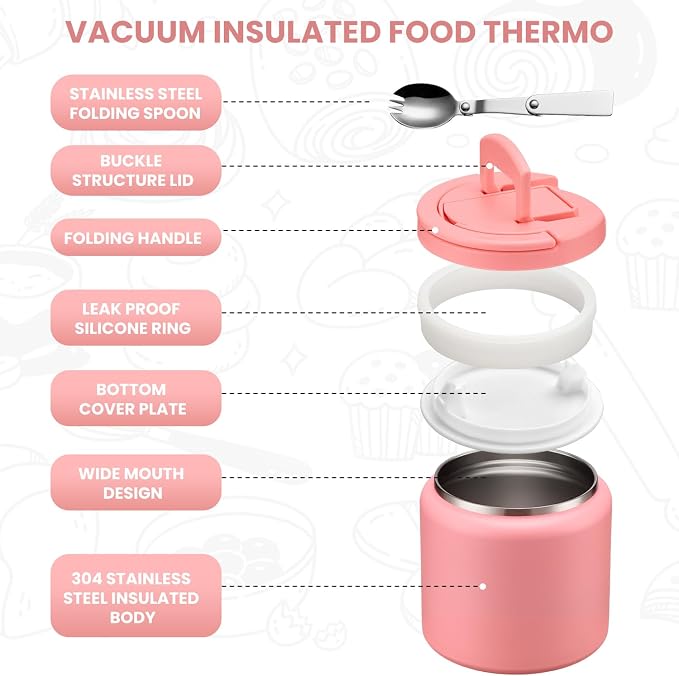 Itslife Soup Thermo for Hot Food Kids 25.5oz Lunch Containers with Buckle Lid Wide Mouth Hot Food Jar Vacuum Insulated Stainless Steel Bento Box Leakproof with Spoon