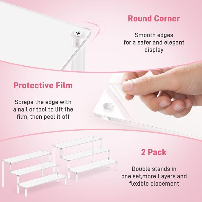2 Packs Acrylic Display Stand Riser,3 Tier Perfume Organizer Cupcake Stand | Acrylic Pop Shelves Holder,Clear Desk Display Shelf for Figure,Trinket,Collectibles,Dessert Stands for Party Decor-11.6in