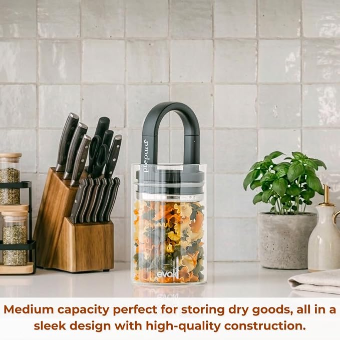 Prepara Evak Classic Airtight Glass Storage Container, Black, Medium (6" x 3.7", 0.5 LB) — Borosilicate Glass with Twin-Valve Lid, Keeps Coffee, Spices & Dry Goods Fresh, BPA-Free