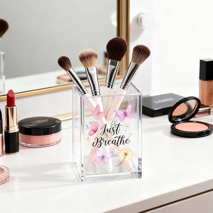 Just Breathe Acrylic Cosmetic Organizer Pen Holder, Anxiety Relaxing Acrylic Desk Holder Cup for Pen Pencil, Dandelion Desk Organizer, Mental Health Office Gifts for Coworker Leader Friend