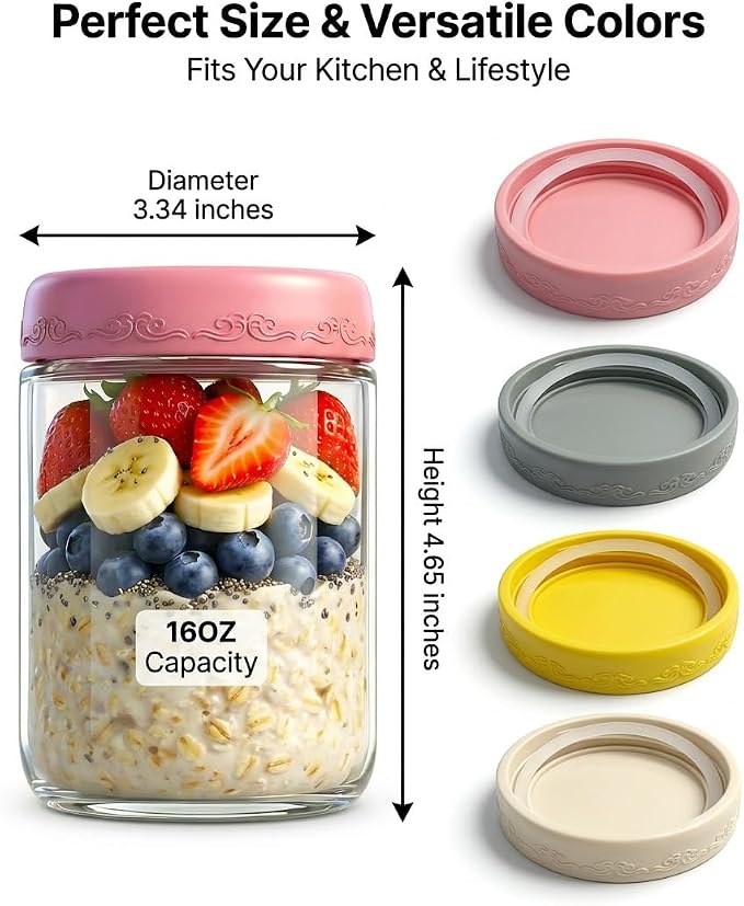 16oz 4Pack Glass Overnight Oats Jars Containers with Airtight Leakproof Lids, Reusable Mason Jars for Meal Prep, Yogurt Parfaits, Smoothies, Salads & Healthy Breakfasts (16 OZ-4-2)