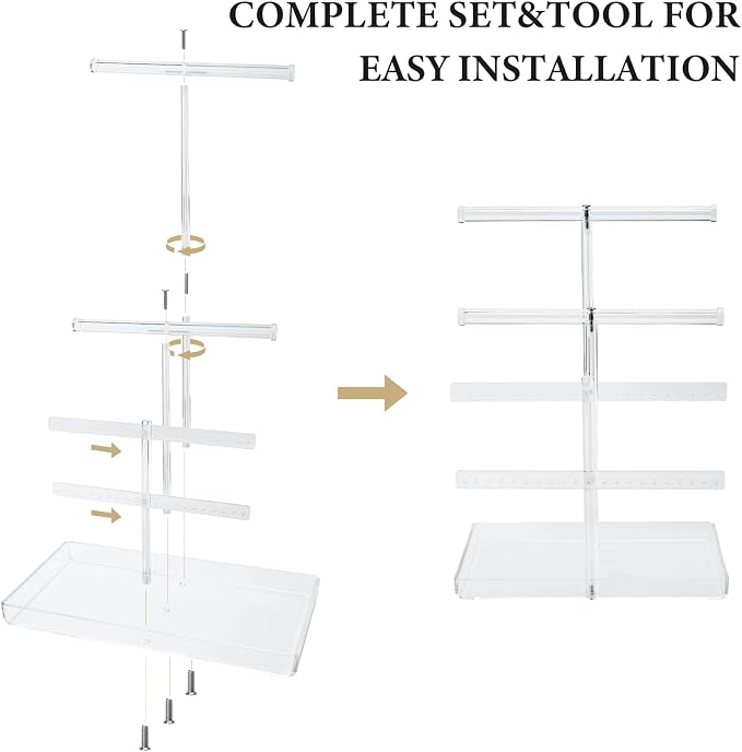 4-Tier Acrylic Jewelry Organizer Stand with Tray, 14.5" Tall Tangle-Free Clear Jewelry Display Holder for Hanging Large Necklace Bracelets Earring, Tower Tray Storage for Rings Watch Perfum
