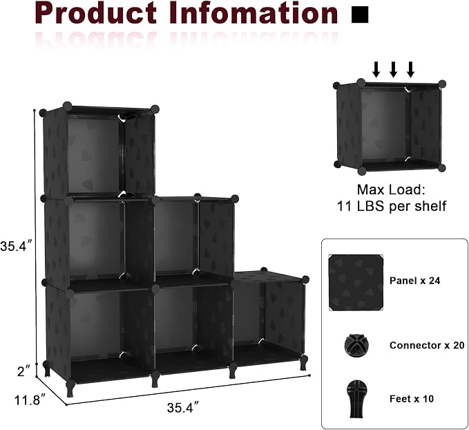 UNKU Cube Storage Organizer, 6 Cube Closet Organizer Storage Shelves, DIY Stackable Bookcase, Clothes Organizer Shelf for Closet, Bedroom, Living Room, Cabinet, Home, Office, Black