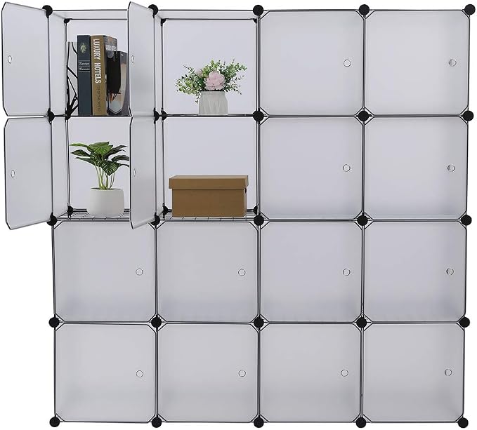 16 Cubes Storage Organizer,Portable Closet Wardrobe,Plastic Clothes Storage Shelves,Modular Bookcase Closet Cabinet,with Doors,for Kitchen, Bedroom, Playroom, Living Room, Office, Dorm (White)
