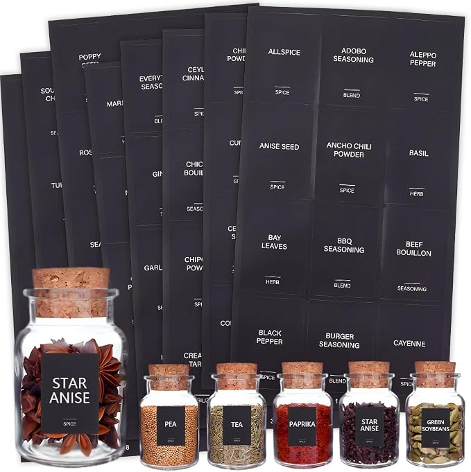 480Pcs 5 Sets 2 x 1.5In Black Spice Jars Labels Stickers Preprinted Waterproof Spice Bottle Stickers Rectangle Oil Resistant Labels for Kitchen Pantry Home Laundry Bathroom Organization