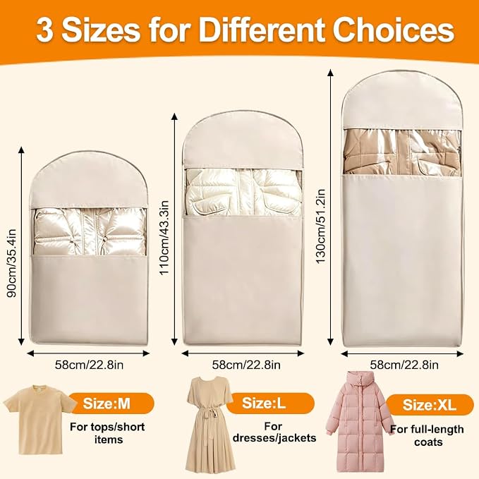 3PCS Space Saving Hanging Garment Bag with Self Compression Zipper, Cotton Garment Bag with A Clothes Roller Sticky and 12PCS Clips, Compression Down Jacket Storage for Suits, Padded Clothes, Shirts