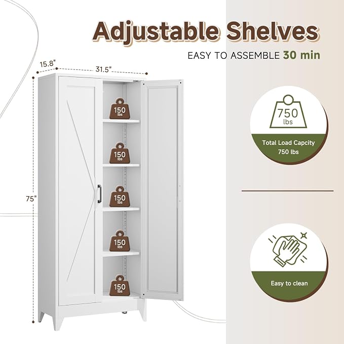 Letaya 75" H Metal Storage Cabinet with 2 Doors and 4 Shelves,Tall Kitchen Pantry Cabinets,Farmhouse Utility Pantry Organizers for Cupboard/Dining/Bathroom/Home Office/Garage,White