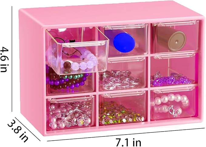 Small Drawer Organizer for Desk, 7.1" x 3. 8" x 4.6" Mini Desktop Drawer Organizer with 9 Clear Drawers, Plastic Desktop Craft Storage Box for Desk Office School Home (Pink)