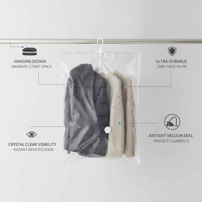 Hanging Vacuum Storage Bags for Closet, Clear Compression Saver for Coats & Suits, Space Saving Organizer (1 Pack)