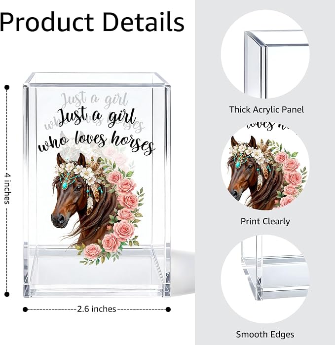 Just A Girl Who Loves Horses Acrylic Pen Holder Cosmetic Organizer, Funny Horseback Riding Pen Pencil Holders for Desk, Equestrian Gifts Makeup Brush Organizer, Horse Lover Desk Accessories
