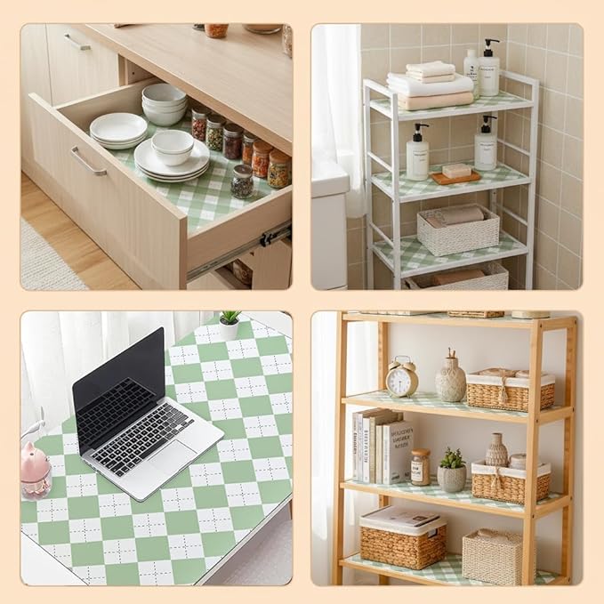 Coavas Shelf and Drawer Liner, Non Slip Extra Grip Non Adhesive Waterproof Thickened Cabinet Mat, Easy Cut for Kitchen Pantry Bathroom Dresser Cupboard (Green Rhombic, 24IN x 20FT)