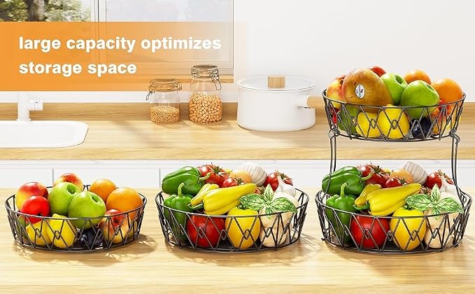 2 Tier Fruit Basket for Kitchen Counter with 2 Banana Hangers,Black Round | 2-Tier Fruit Basket Bowl Stackable Vegetable Storage for Kitchen Countertop, Metal Wire Basket for Bread Onions Potatoes