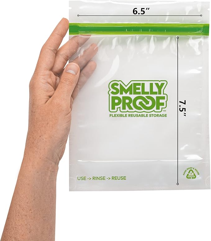 Smelly Proof 10 x Expandable Stand & Fill REUSABLE Storage Bags for Food Designed & Mfg in US, BPA FREE, NO PEVA, Reusable Sandwich Bags, Dishwasher-Safe, Clear 3 mils STAND UP 6.5" x 7.5" - 10pk
