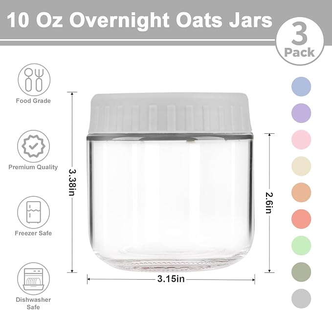 Overnight Oats Containers with Lids, 10oz Wide Mouth Mason Jars with Lids, 3 Pack Glass Jars with Airtight lid for Chia Pudding Yogurt Salad, Meal Prer Oatmeal Jars, Gray