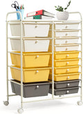 COSTWAY 15 Drawer Rolling Storage Cart, Mobile Storage Organizer | Removable Drawers & Metal Frame, Multipurpose Utility Tools Paper Organizer on Wheels for Home, Office (Yellow, Beige & Grey)