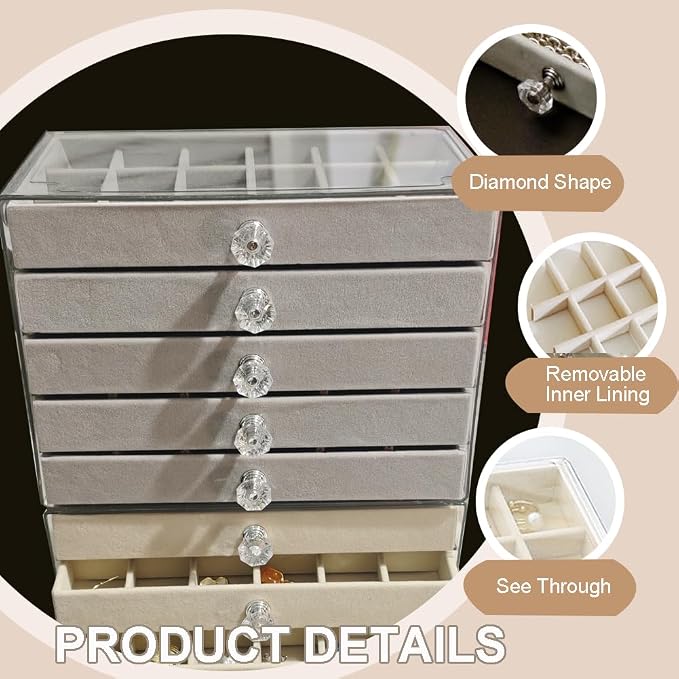 SPAKOWN Earring Box Holder Organizer Display Case | Clear Velvet Jewelry Storage Tray Organizer for Earring Ring Stud (Grey - 5 Drawers)