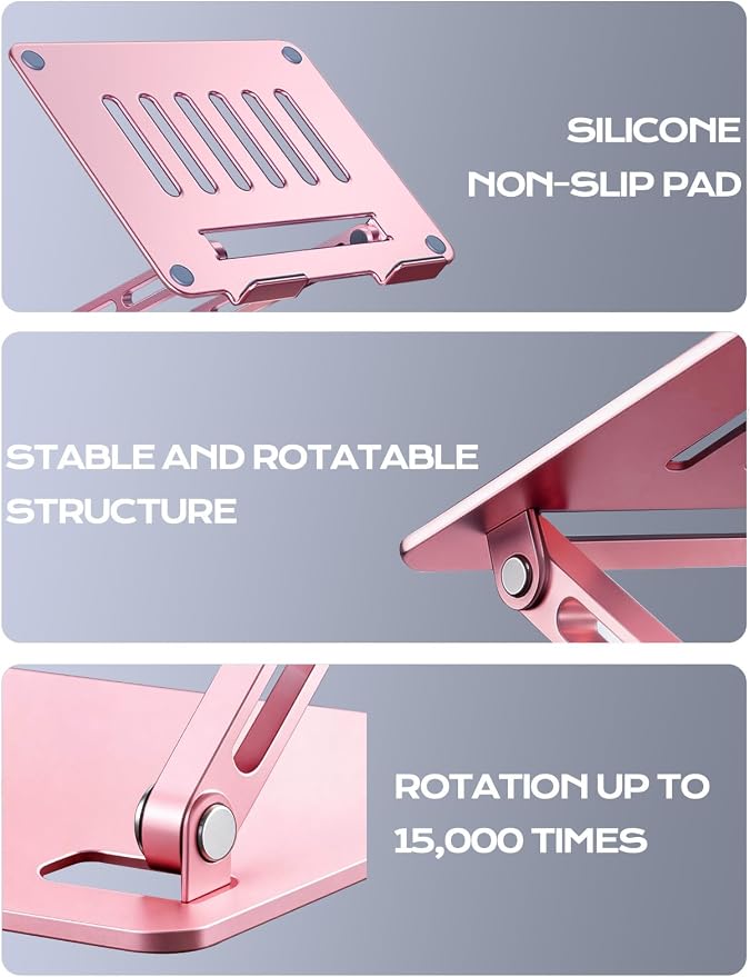 LOXP Aluminum Laptop Stand, Adjustable Laptop Stand for Desk Foldable | Portable Laptop Riser, Ergonomic Computer Notebook Holder for Desk, Office Desk Accessories (10-15.6'') - Pink