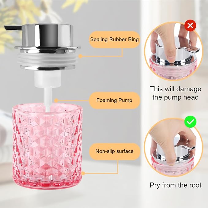 10 Oz Glass Hand Soap Dispenser with Pump, Refillable Bathroom Gold Foaming Soap Dispenser, Vintage Glass Diamond Lotion Container Bottle for Bathroom and Kitchen (1, Pink and Silver)