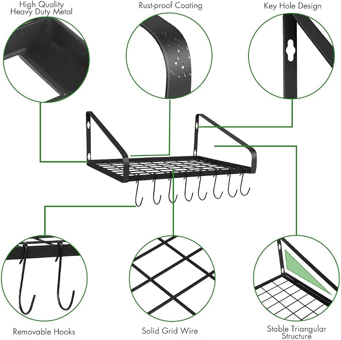 Felibeaco Hanging Pots & Pans Rack,Wall Mounted Pots Pans Organizer Holder Rack with 8 Hooks, Kitchen Wall Storage Organizer Hanger Shelves for Pans Set, Utensils, Cookware, Books, Household,Black