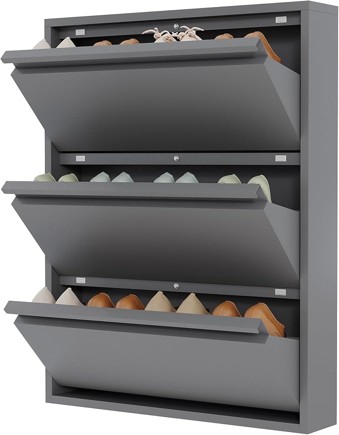 Garvee Slim Metal Shoe Cabinet with 3 Flip Drawers, Narrow Shoe Storage for Entryway, Wall Mounted or Floor Standing, Detachable Bottom Corners for Flexible Placement, Anti-Tip Safety Wall Mount