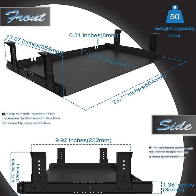 FRMSAET Under Desk Keyboard Tray Heavy-Duty All-Metal Material 20/24/30 inches Platform Computer Drawer Organizer Home Office Kitchen Bedroom Garage Storage Tool - Easy to Install.(24 inches, Black)
