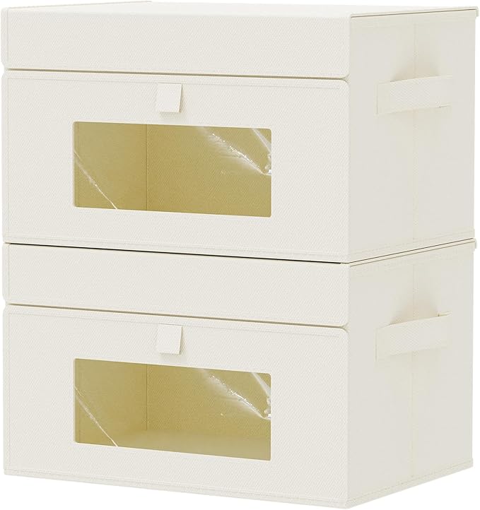 Storage Bins with Lids, Cube Organizer Basket with Window, Closet Boxes with Carrying 2 Handles and Sturdy PP Support Plate, 2 Pack, Beige, 13 x 9 x 7.9 In, XSNY17BEM-2
