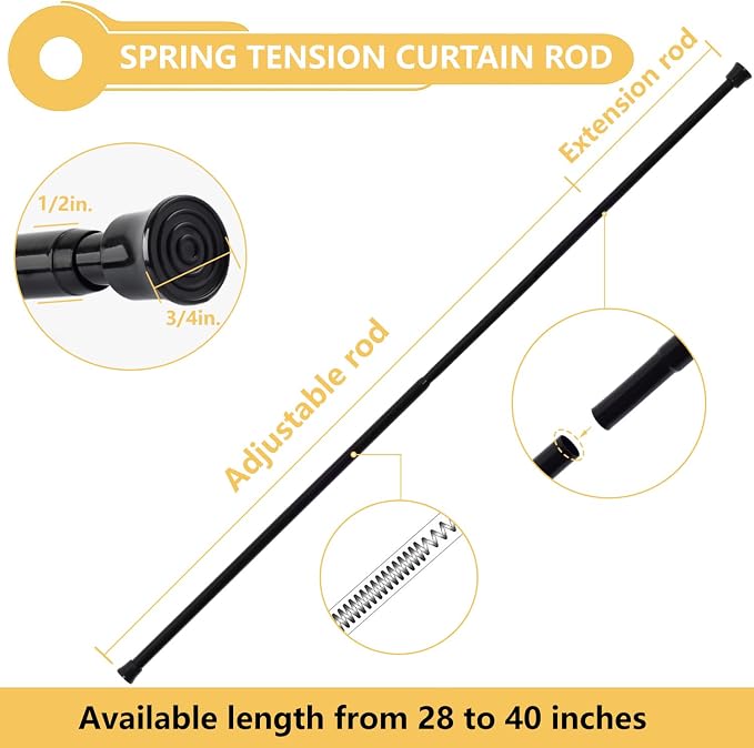 KXLife Tension Curtain Rod Adjustable 28-40 Inch, 2 Pack, Black | No Drilling, Expandable Spring Loaded, Renter Friendly, for Window, Doorway, Kitchen