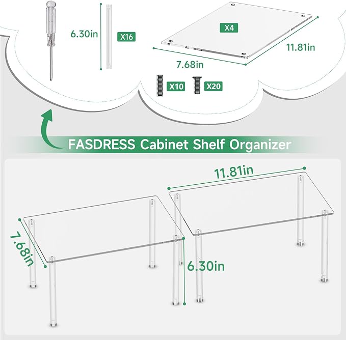 Acrylic Cabinet Organizer, Clear Cabinet Organizer Shelf, Stackable, Expandable, Spice Rack, Adjustable Counter Shelf for Makeup, Bathroom, Cupboard, Desk, Kitchen Pantry Organization (Clear-4PACK)