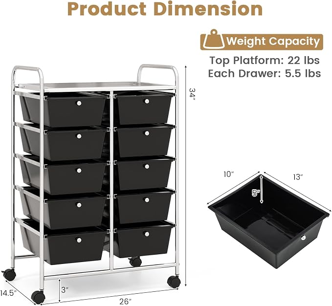 Moccha Rolling Storage Cart with 10 Drawers - Under Desk Storage Drawers with wheels for Craft Art Supply Paper Salon, Storage Drawers Organizer for Classroom Office Movable Utility Cart
