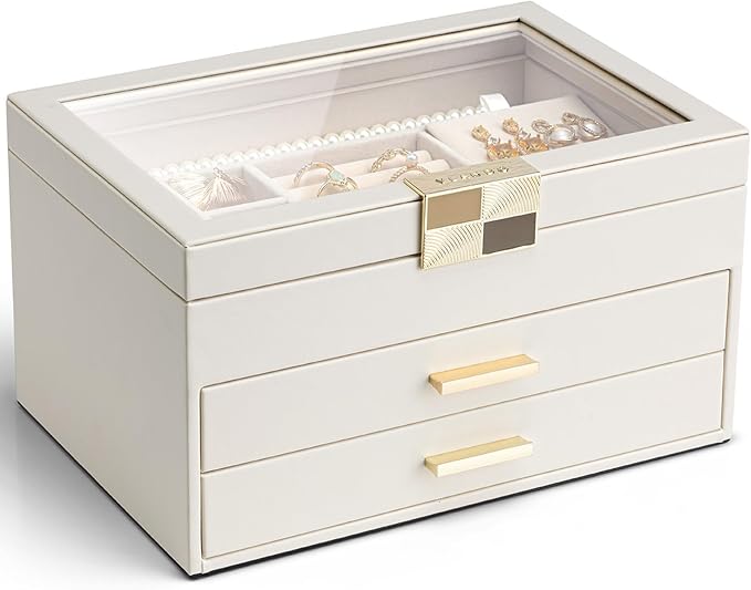 VLANDO Jewelry Box Organizer for Women, 3-Layer Jewelry Storage Case with Glass Lid, Gold Handle, 2 Drawers for Rings, Earrings, Necklaces and Bracelets - Cloud White