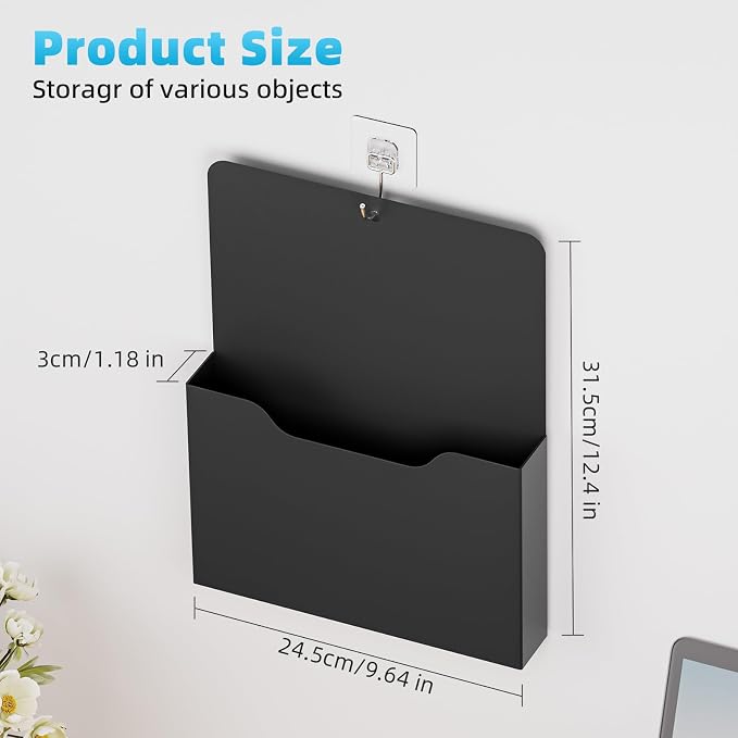Magnetic File Holder - Magnetic Paper Holder, Pocket Organizer Office Supplies Storage Mail Organizer for Notebooks,Planners,Letter (Black)