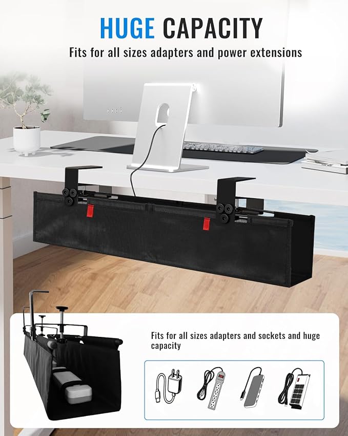 No Drill Cable Management Under Desk, 48" Cord Organizer for Table, Clamp/Screw Mount Cable Tray, Premium Black Fabric Desk Cord Management Tray for Office, Home (Extra Large (48 Inch))